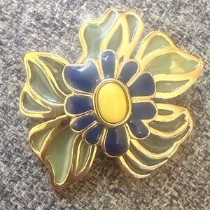 Gold Flower Brooch‎ Blue and Green Enamel Petal Yellow Center Pin